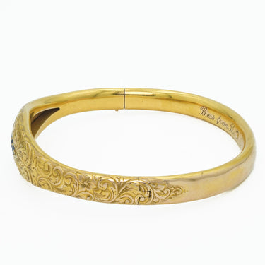 Art Nouveau Engraved 1907 18 Karat Yellow Gold Bangle With Sapphires