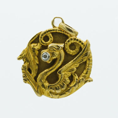 Art Nouveau 18 Karat Yellow Gold Handmade Dragon Figural Pendant with Diamond