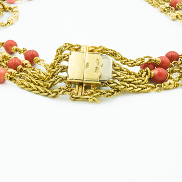 Retro Vintage 18 Karat Yellow Gold Beaded Coral Multi-String Layered Necklace