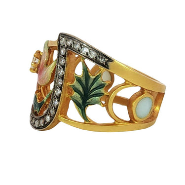 Masriera Plique-a-Jour Enamel Diamond 18K Yellow Gold Leaf Motif Ring Size 7