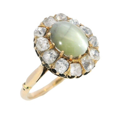Victorian 18K Diamond Cluster Ring Catseye Chrysoberyl Yellow Gold ~2.26ctw