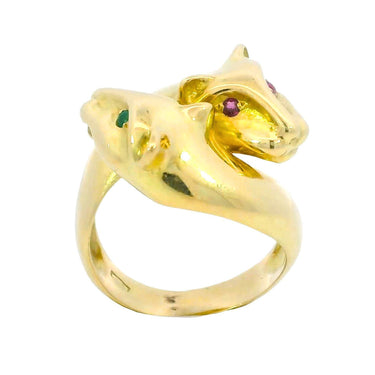 Vintage 18K Panther Ring Emerald Ruby Eyes Yellow Gold Size 6.5