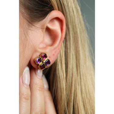 Bulgari Carre Earrings Amethyst Tourmaline Clip-ons 18K Yellow Gold