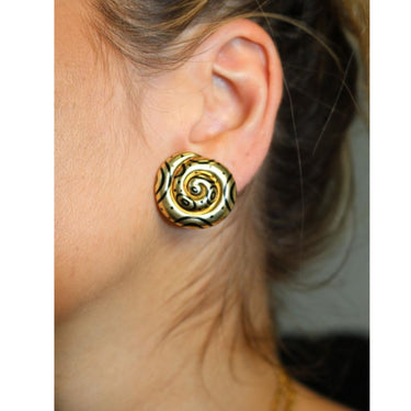 Elizabeth Gage Enamel Earrings Black Swirl Clip On Closure 1970s 18K Yellow Gold