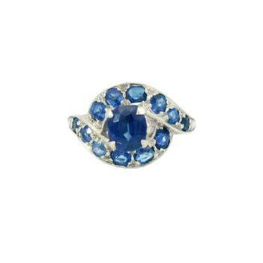 Art Deco Blue Sapphire Thai No Heat Halo Ring 14K White Gold