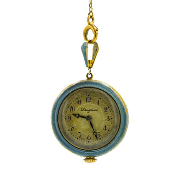 Antique 14 Karat Guilloche Enamel Longines Pocket Watch Lavalier Necklace