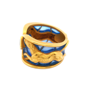 Masriera Art Nouveau Greyhound Dog Ring Plique a Jour Enamel Sapphire in 18K