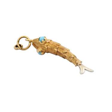 Vintage 18 Karat Gold Fish Charm Pendant with Turquoise Eyes