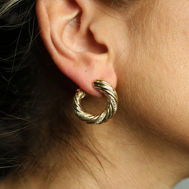 French Diamond Hoop Earrings Vintage 18K Yellow Gold Clip-Ons