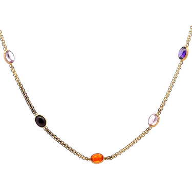 Vintage Semi Precious Multi Gem Station Necklace in 14 Karat Yellow Gold