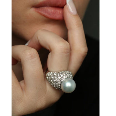 Van Cleef & Arpels Pave Diamond Pearl Dome Ring ~5ctw Diamond ~13.8mm Pearl