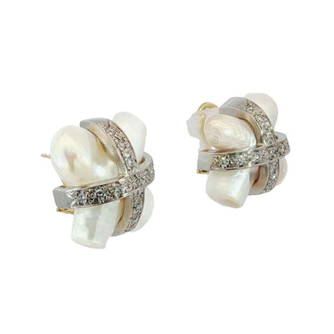 MAZ Pearl Diamond Earrings 18K Mother of Pearl White & Yellow Gold ~.78ctw