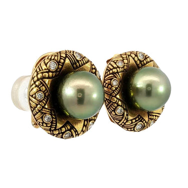 Alex Sepkus 18K Pearl Earrings Yellow Gold Diamond Estate Clip-on