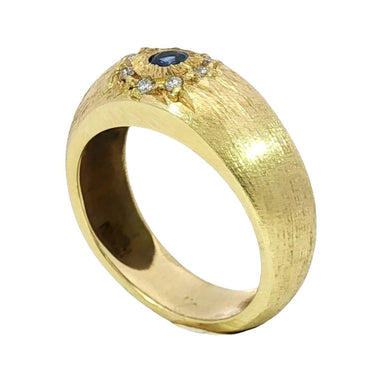 MAZ 18K Diamond Starburst Ring Sapphire Center Florentine Matted Yellow Gold