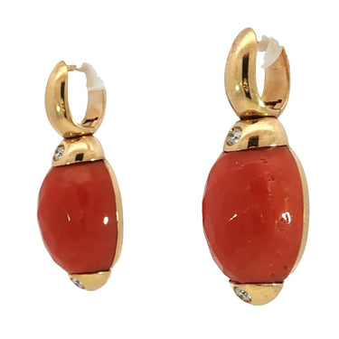 Estate 18K Coral Drop Earrings by Angeletti Roma Diamond Accents Yellow Gold