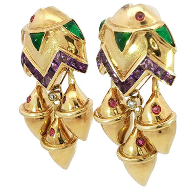 Estate 18K Fish Earrings Yellow Gold Clip-ons 1970s Designer Style
