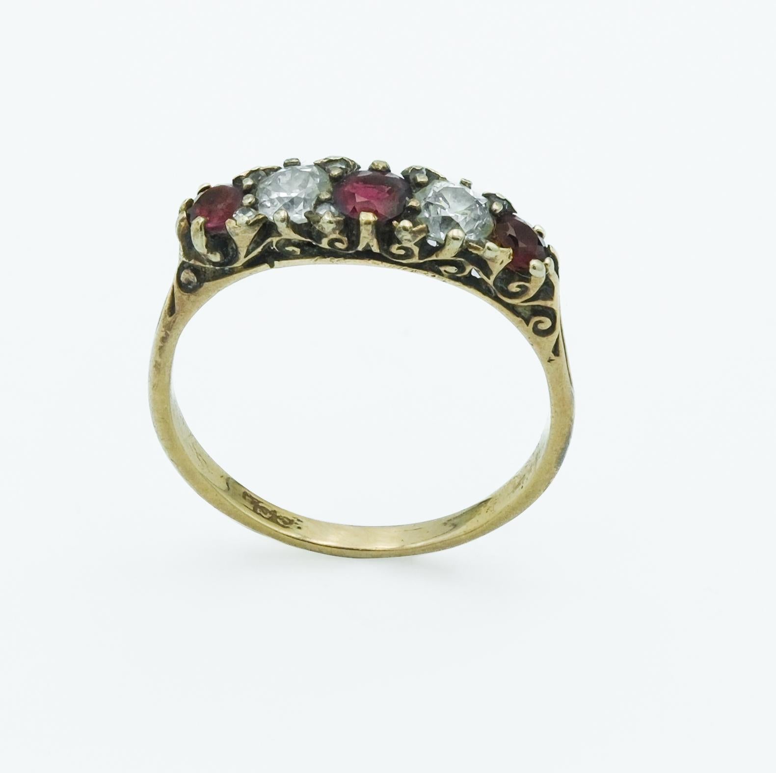 Victorian Diamond and Ruby Five Stone Stackable Ring in 18 Karat Yellow Gold