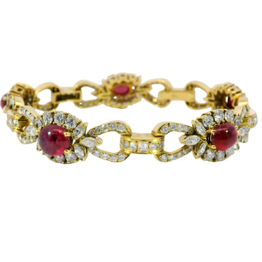 Vintage Extraordinary Ruby and Diamond Cluster Link Bracelet in 18K Yellow Gold