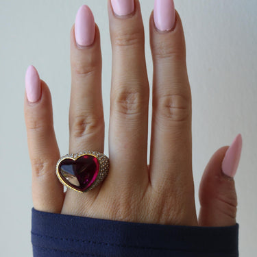 Estate 18K Heart Ring ~21ctw Rubellite and ~4.2ctw Pave Diamond in Yellow Gold