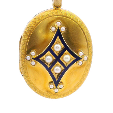 Victorian Pearl Locket With Blue Enamel in 18K Yellow Gold