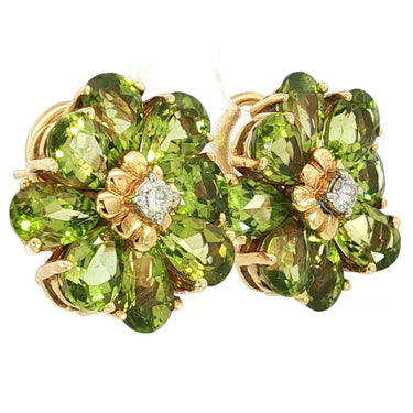 Maz Flower Cluster Earrings 14k Peridot Diamond Earrings Yellow Gold ~12.32ctw