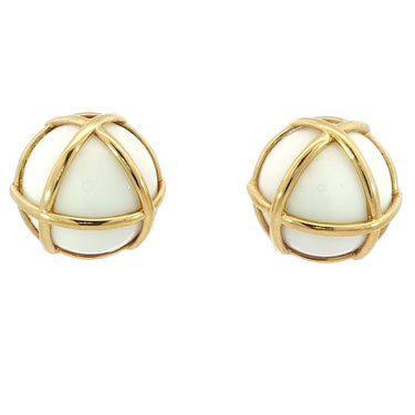 Vintage 18K Caged Earclips Culloden White Agate Yellow Gold Solid