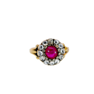 Antique Victorian 1850s Natural Ruby and Rose Cut Diamond Ring 14 Karat Gold