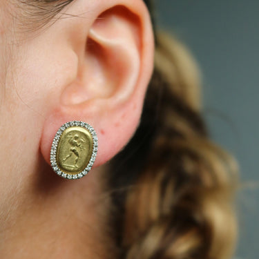 Designer Diamond Gold Coin Stud Earrings 18K Yellow Gold by MAZ