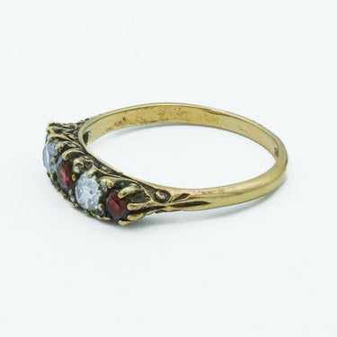 Victorian Diamond and Ruby Five Stone Stackable Ring in 18 Karat Yellow Gold