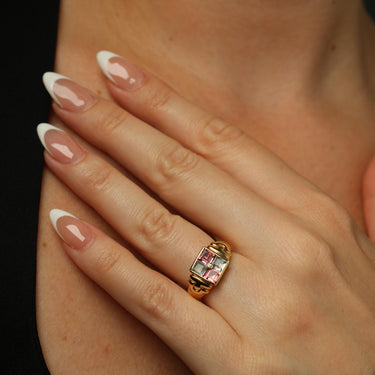 Bulgari Carre 18K Ring Aquamarine Tourmaline Diamond Vintage 18K Yellow Gold