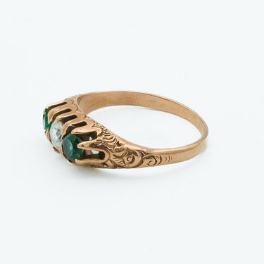 Victorian Three Stone Emerald and Diamond 10 Karat Rose Gold Ring