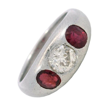 Platinum Three Stone Gypsy Ring Rubies Diamond Center Late Deco 1950's