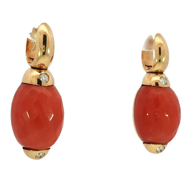Estate 18K Coral Drop Earrings by Angeletti Roma Diamond Accents Yellow Gold