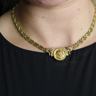 Vintage Gold Coin Necklace 18k Yellow Gold 16.5" Chain with Diamonds