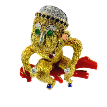 Modernist 14K Monkey On a Coral Tree Branch Smoking in Yellow Gold