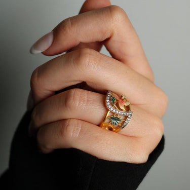 Masriera Plique-a-Jour Enamel Diamond 18K Yellow Gold Leaf Motif Ring Size 7