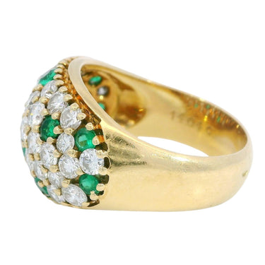 Vintage Pave Diamond Ring Emerald Accents French Made 18K Yellow Gold ~2.91ctw