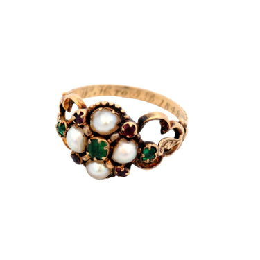 Victorian Mourning Ring with Emerald Ruby and Pearls dated '1848' in 18K Gold