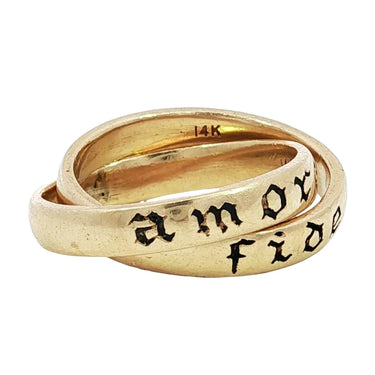 Vintage 14K Rolling Ring Yellow Gold Black Enamel SZ6 'Amore Fide' 'Love Faith'