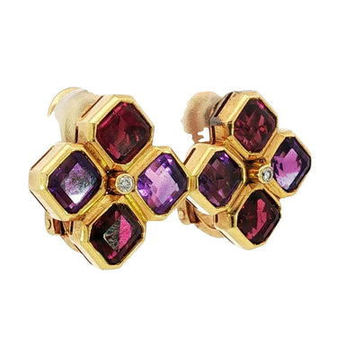 Bulgari Carre Earrings Amethyst Tourmaline Clip-ons 18K Yellow Gold