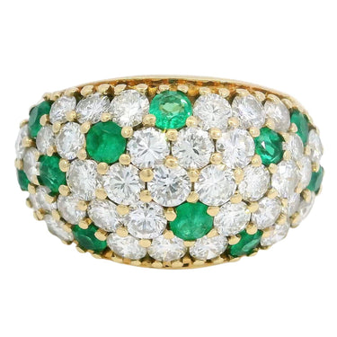 Vintage Pave Diamond Ring Emerald Accents French Made 18K Yellow Gold ~2.91ctw