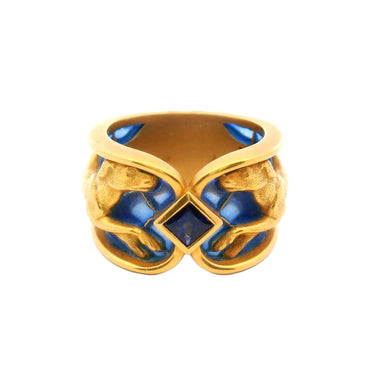 Masriera Art Nouveau Greyhound Dog Ring Plique a Jour Enamel Sapphire in 18K