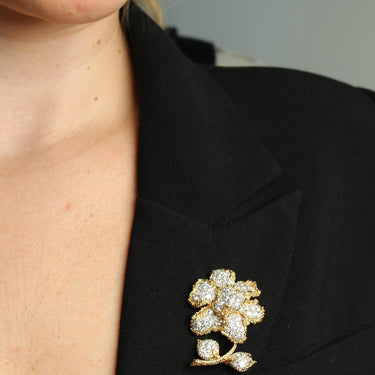 Vintage Diamond Flower Brooch French Made Pave Set 18k Yellow Gold ~5.48ctw