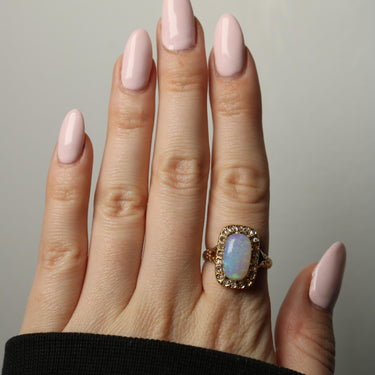 Victorian Opal Diamond Halo Cluster Ring 18K Yellow Gold ~3.82ctw