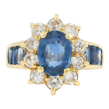 Estate Sapphire Diamond Cluster Ring 18K Yellow Gold ~3.77ctw