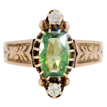 Victorian Demantoid Diamond Three Stone Ring 14K Rose Gold ~1.31ctw
