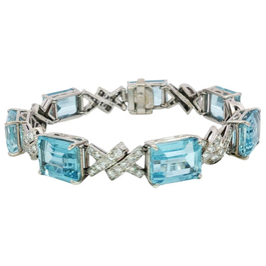 Art Deco Aquamarine Diamond Bracelet ~35.9ctw 14K White Gold