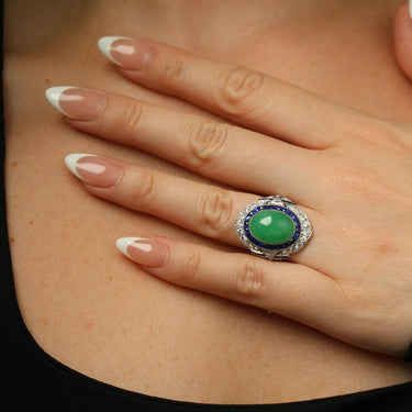 Vintage Jade Diamond Sapphire Platinum Statement Ring Art Deco Style ~7.94ctw