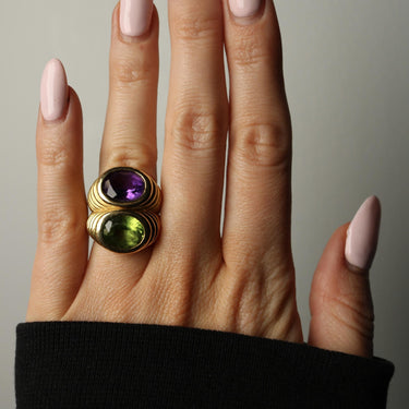 French Doppio Ring Peridot Amethyst Double Row Ring in 18K Yellow Gold