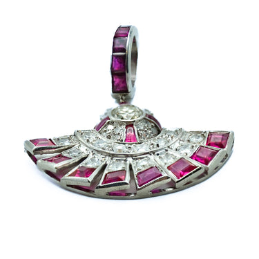 Art Deco Platinum .65ctw Diamond and 1.15ctw Natural Ruby Fan Pendant